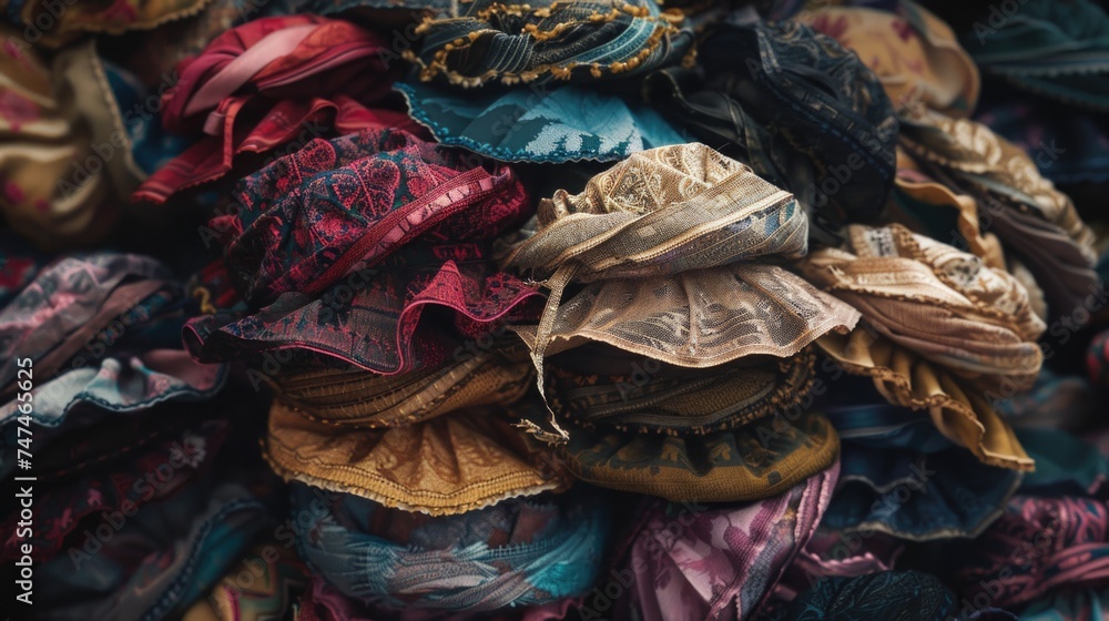 Poster a pile of different colored hats stacked on top of each other. perfect for fashion or accessories co