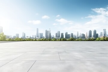An empty concrete floor with a city skyline in the background. Suitable for urban design concepts