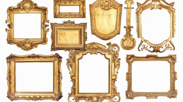Collection of elegant gold wooden frames on white background - decorative design elements for artwork, photos, and more