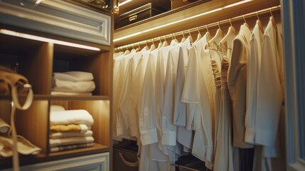 A walk-in closet filled with a variety of clothes. Ideal for fashion or organization concepts