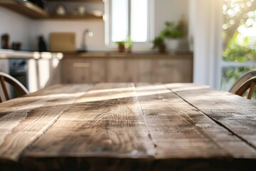 A wooden table in a kitchen with a window in the background. Suitable for various culinary and home cooking themes