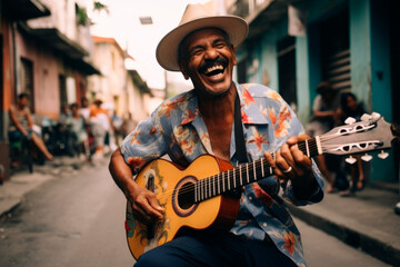 Latin man plays his guitar in the street very happily