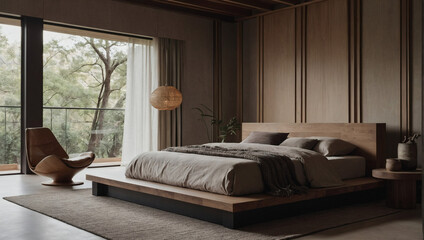 Zen-inspired bedroom with minimal furniture, neutral tones, and natural materials.