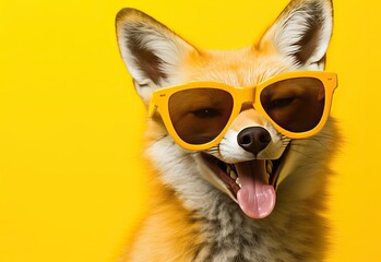 Obraz premium Close-up of a fox in glasses. Portrait of a fox. Anthopomorphic creature. A fictional character for advertising and marketing. Humorous character for graphic design.