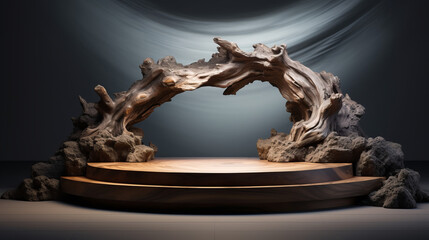 Obraz premium Dynamic Driftwood Podium product display for product presentation