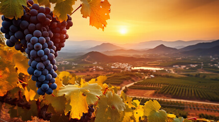 Ripe grapes hung on vineyards of grape trees. In the morning vineyard. - obrazy, fototapety, plakaty