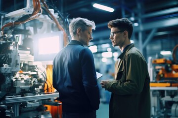 Two men standing in a factory discussing work. Suitable for business and industrial concepts