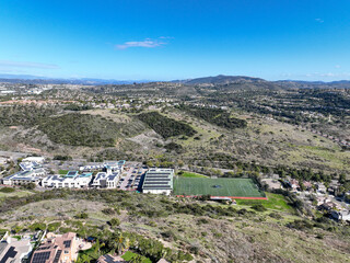 Aerial view of large-scale villa in wealthy residential town of Carlsbad, South California, USA....