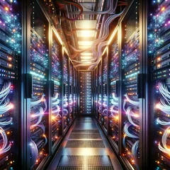 Papier Peint photo Magasin de musique Here's an image of a futuristic data center filled with high-performance servers operating at full load, showcasing stability and optimum processing power with glowing hardware and cables..