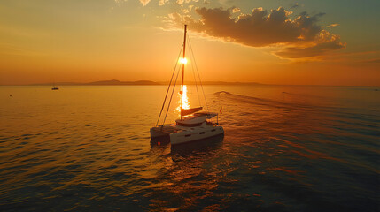 Aerial view of a catamaran, with a sunset in the background