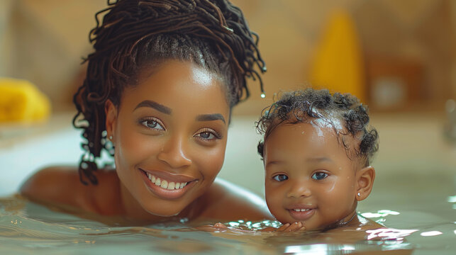 crazy young black woman and her toddler having fun in the bathroom. close up shot, enteratinment. free time, lifestyle.generative ai