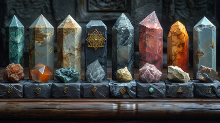 twlight legends of ancient sandstone: darkstone icons & symbols on sale, in the style of glitchcore, dark cyan and black, sketchfab, neurocore, energetic strokes, high quality photo, intertwining mate