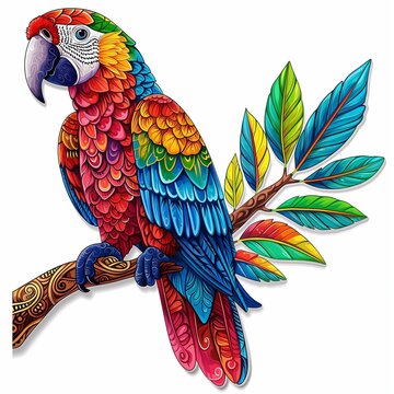 Color illustration, parrot in zentangle patterns on white background