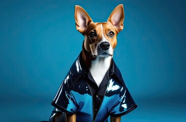 Stylish portrait of glamour dressed up dog. Creative portrait of domestic animal on bright background.
