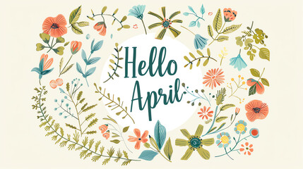 Naklejka premium Hello April Spring Greeting Card with Pastel Flowers