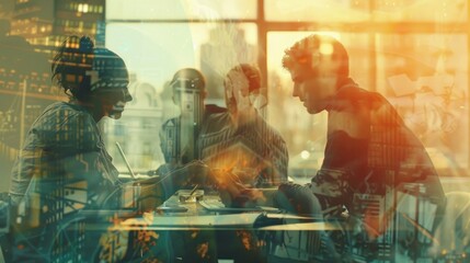 Collaborative business teamwork: double exposure of professional meeting and office environment - obrazy, fototapety, plakaty