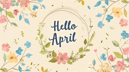 Fototapeta na wymiar Hello April Spring Greeting Card with Pastel Flowers