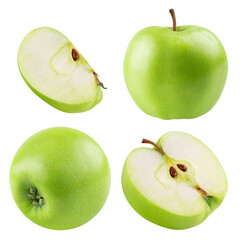 Set of green apples isolated on a transparent background, from different angles.