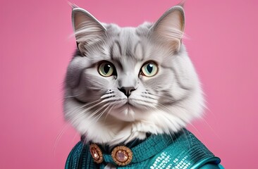 Stylish portrait of glamour dressed up cat. Creative portrait of domestic animal on bright background.