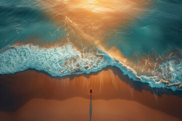 Solitary Figure on Sunlit Shoreline - Aerial View