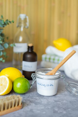 Eco-friendly cleaning products white vinegar, baking soda, citrus fruits, brush. Green cleaning alternatives on different surfaces remove stains. Conscious and environmentally friendly. Zero waste con