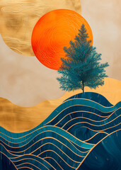 Day poster with sun, mountains, tree and sky in an abstract form.