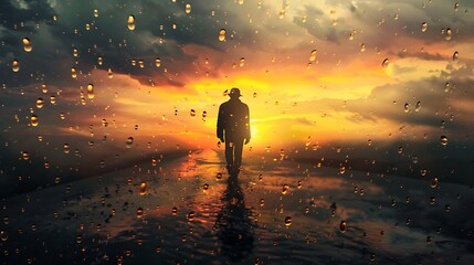Captivating sunset silhouette of a man burdened by a heavy cloud teardrop-shaped raindrops lonely