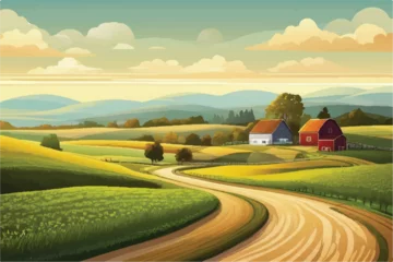Foto op Canvas Beautiful Farm landscape Illustration background.  Road to a peaceful farm. Vector illustration of beautiful summer fields landscape. Rural landscape. Illustrated landscape of a farm for background.  © Usama