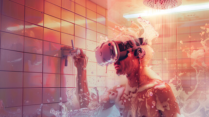 A surreal illustration featuring a man wearing virtual reality glasses while taking a shower 