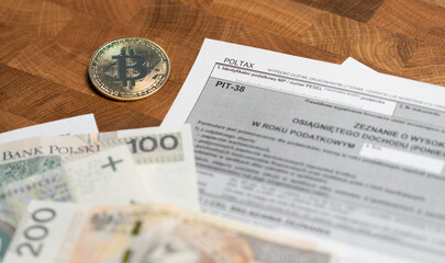 Cryptocurrency profit taxation - tax return pit form for sale of shares and crypto investment - PIT-38 Poland tax settlement declaration - obrazy, fototapety, plakaty