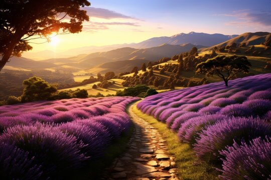 A beautiful landscape of lavender fields stretching to the horizon, with a setting sun and mountain range in the background. Perfect for a relaxing escape or as a backdrop for any project.