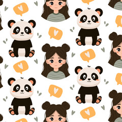 Panda with a cute girl. Baby background, pattern with panda and girl in flat style.