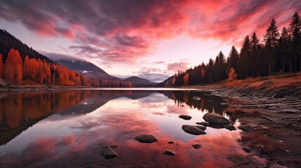 Nature's Painting: Stunning Landscape Photo of Altai Mountains Highland with Pink Sunset Sky and Reflective Lake, Surrounded by Autumn Forest