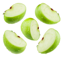 Collection of apple slices in water drops isolated on a transparent background, from different...