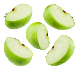 Collection of apple slices in water drops isolated on a transparent background, from different angles.