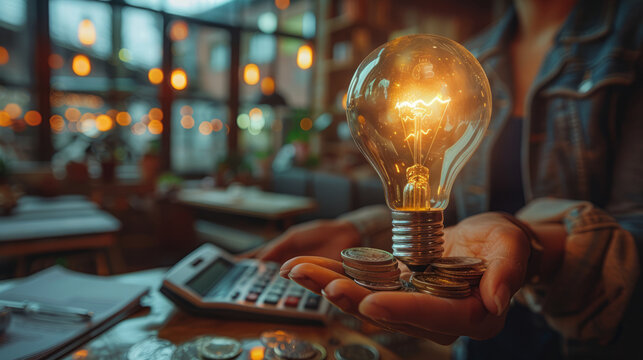 Illuminate financial planning with a glowing light bulb, coins, notepad, and calculator symbolizing strategic growth.generative ai
