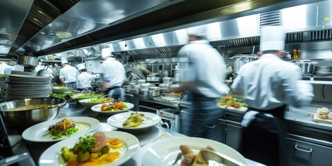 Professional chefs in white uniforms are intensely preparing and plating dishes in the fast-paced environment of a commercial restaurant kitchen. Resplendent.