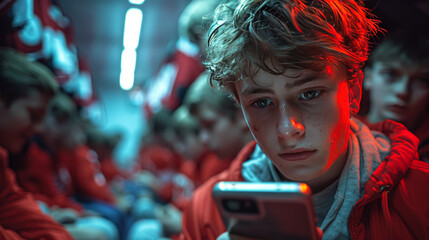 13-year-old boys in a football locker room, teasing a sad friend with a smartphone, while donning amaranth football shirts and white trousers.generative ai