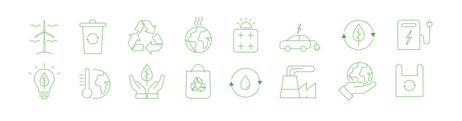 Eco friendly icon set. Green icons with objects related to environmental. Electric car, organic farming, global warming. Environment sustainability. Vector ecology illustration in linear style.