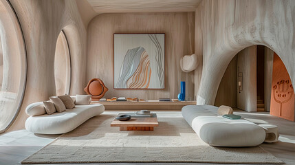 Luxury living room with round windows. Ecological interior concept.