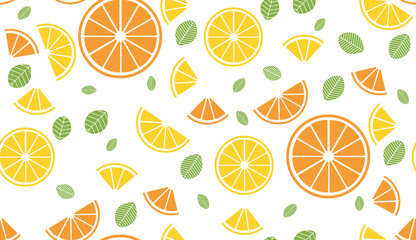 Colorful vector summer seamless pattern with fruits orange and lemon and mint illustration isolated on white background