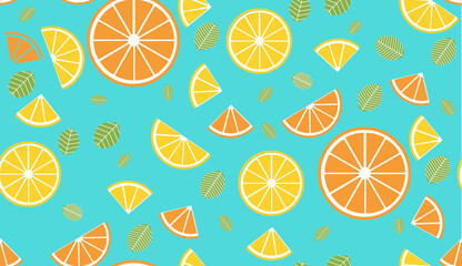 Colorful vector summer seamless pattern with fruits orange and lemon and mint illustration isolated on white background
