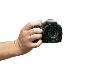 male hand holding modern digital camera isolated on white background photographer taking photo
