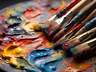 Obraz premium An artist’s palette with vibrant paintbrushes dipped in various colors