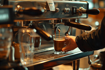 a close-up of barista hands preparing coffee in the coffee machine - obrazy, fototapety, plakaty
