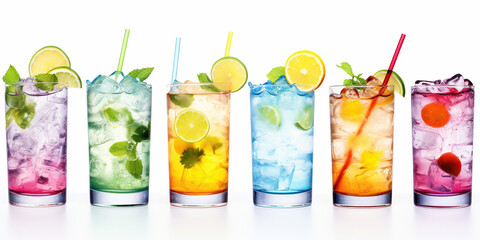 Watercolor style, white banner with a variety of cocktails on a white background. - obrazy, fototapety, plakaty
