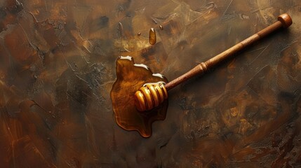 Honey dipper with dripping honey on a textured background. - obrazy, fototapety, plakaty