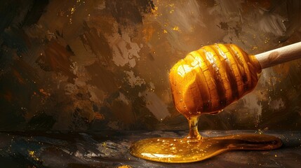 A honey dipper dripping honey on an artistic, textured surface. - obrazy, fototapety, plakaty