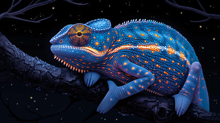 a blue chameleon on a black background, in the style of flat and graphic, light turquoise and amber, graphic design-inspired illustrations, scientific illustrations, playful characters, colorful mural - obrazy, fototapety, plakaty