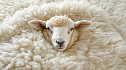Sheep peeking through wool fleece. - obrazy, fototapety, plakaty